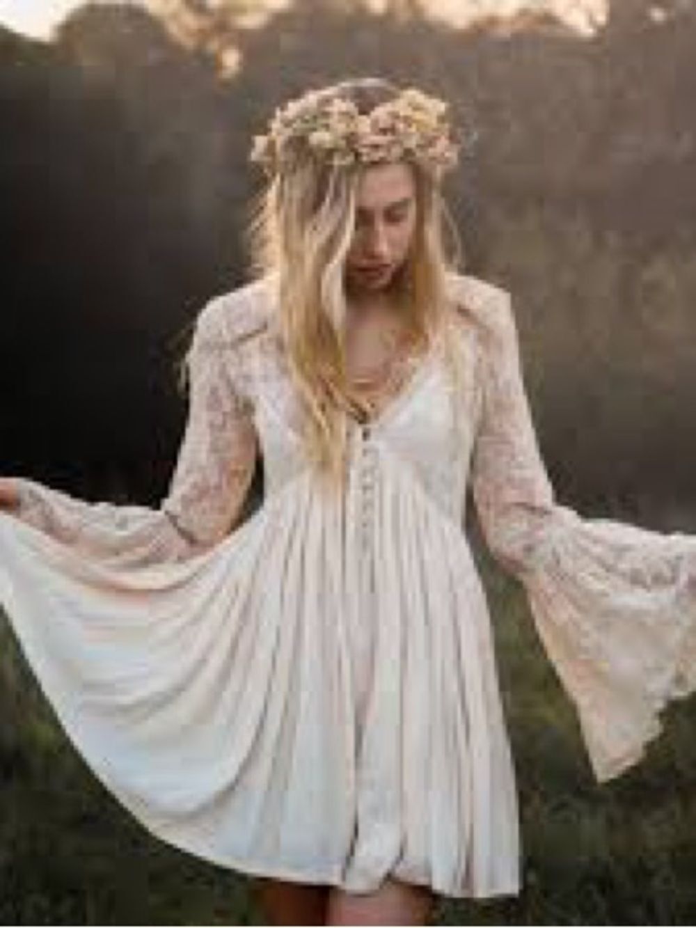Free People With Love from India Boho Lace Bell-Sleeve Mini Dress in Cream S - Picture 1 of 6